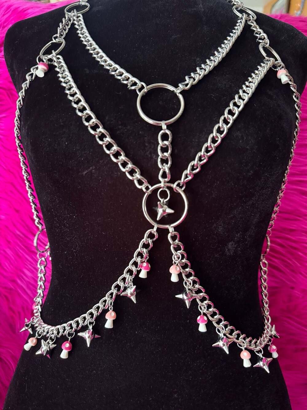 Stainless Steel Harness Body Chain with Star Spikes and Pink Mushroom Charms